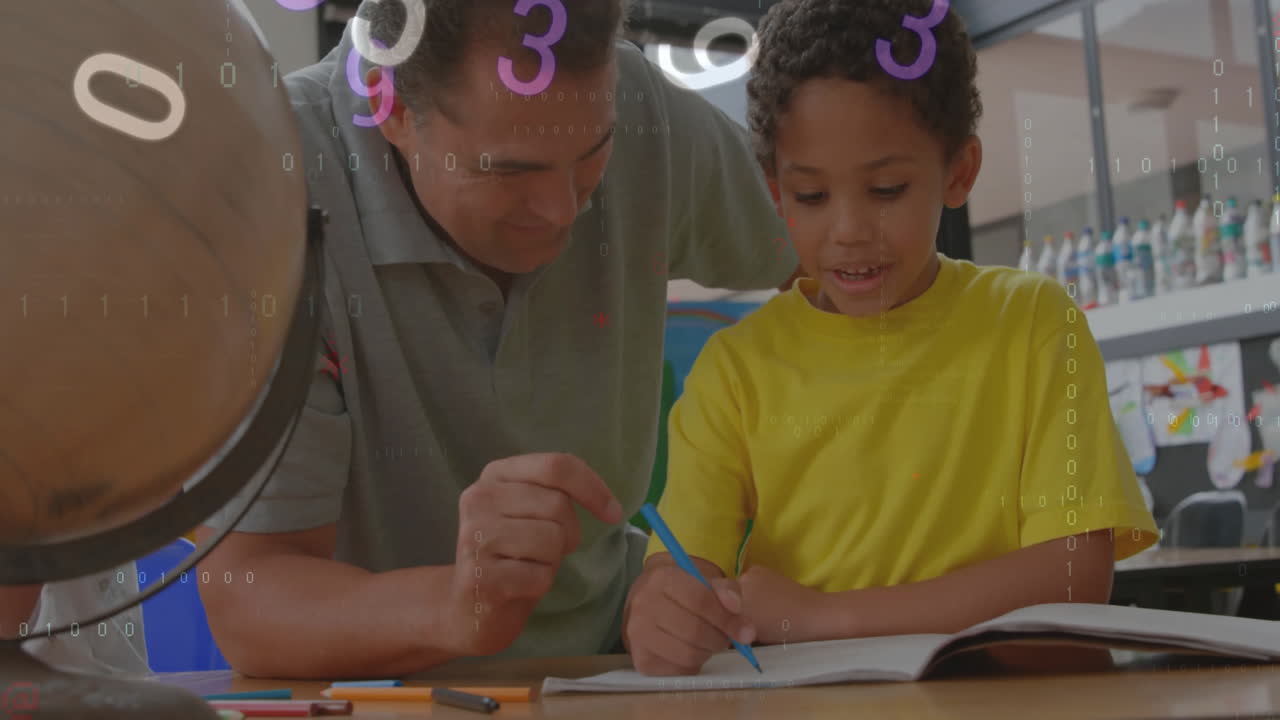 Adult man guiding boy writing on notebook in education space, displaying globe and binary code