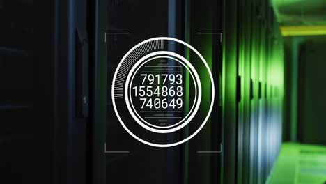 animation of data processing over round scanner against computer server room