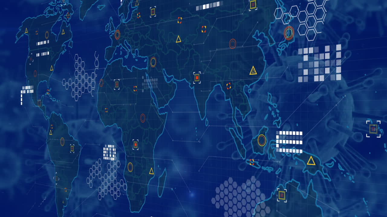 animación del mapa del mundo sobre fondo azul con células de virus.
