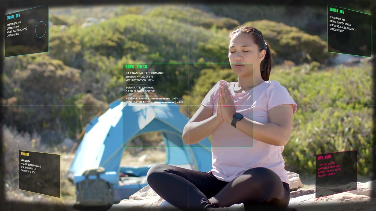 Vídeo vertical: Mulher de top rosa meditando em uma rocha, começando com as mãos para cima, monitorando smartwatch de RA
