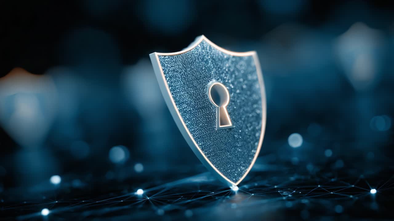 A Glowing Shield Icon with a Keyhole Symbolizing Security and Protection Against Digital Threats, Set Against a Background of Abstract Technology