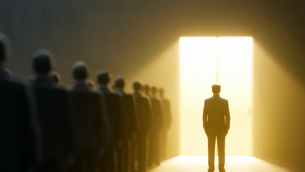 Figures wait at a bright door. A lone figure faces a glowing doorway with shadowy figures lining up behind, building anticipation.