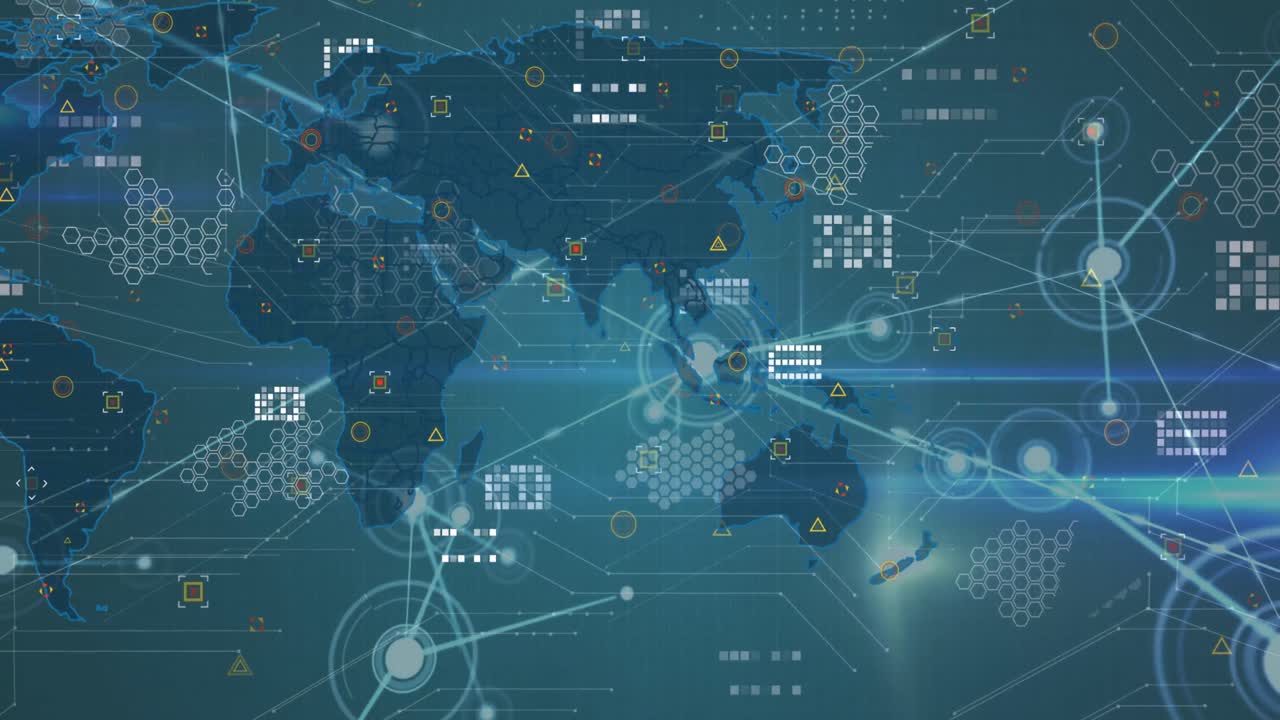세계 지도 위의 연결망의 애니메이션과 파란색 배경의 파란색 빛 트레일