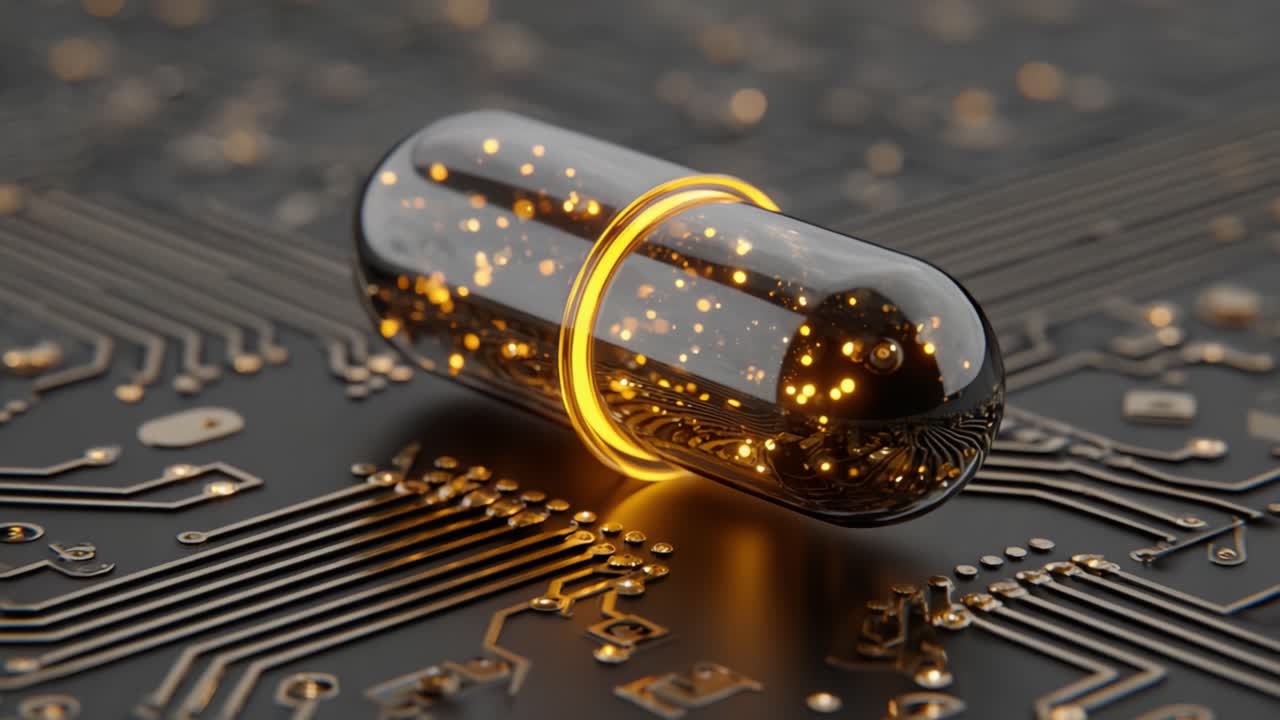 Oplyst kapsel på printplade: En fusion af teknologi og medicin i en fængslende visuel repræsentation af innovation og moderne design.