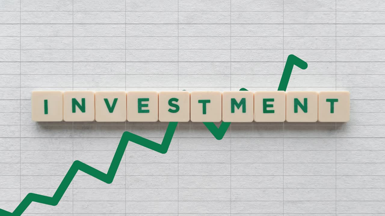 The Word Investment Spelled Out On Scrabble Tiles With Green Arrow Going Up - Concept Of Good Investment