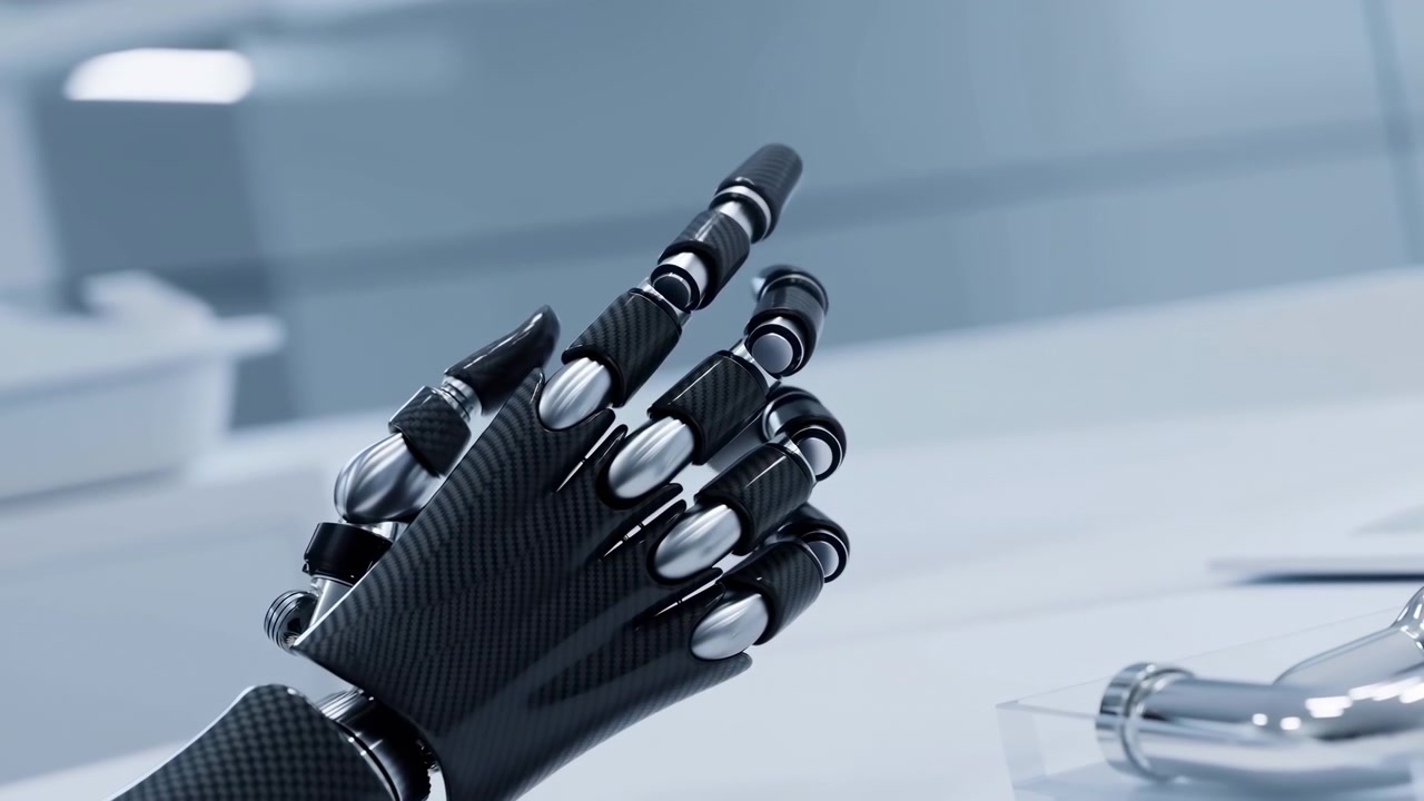 Articulated robotic prosthetic hand rests on clinical workbench while fingers move from slightly splayed toward closed position, suggesting careful adjustment, precision, biomedical design, and