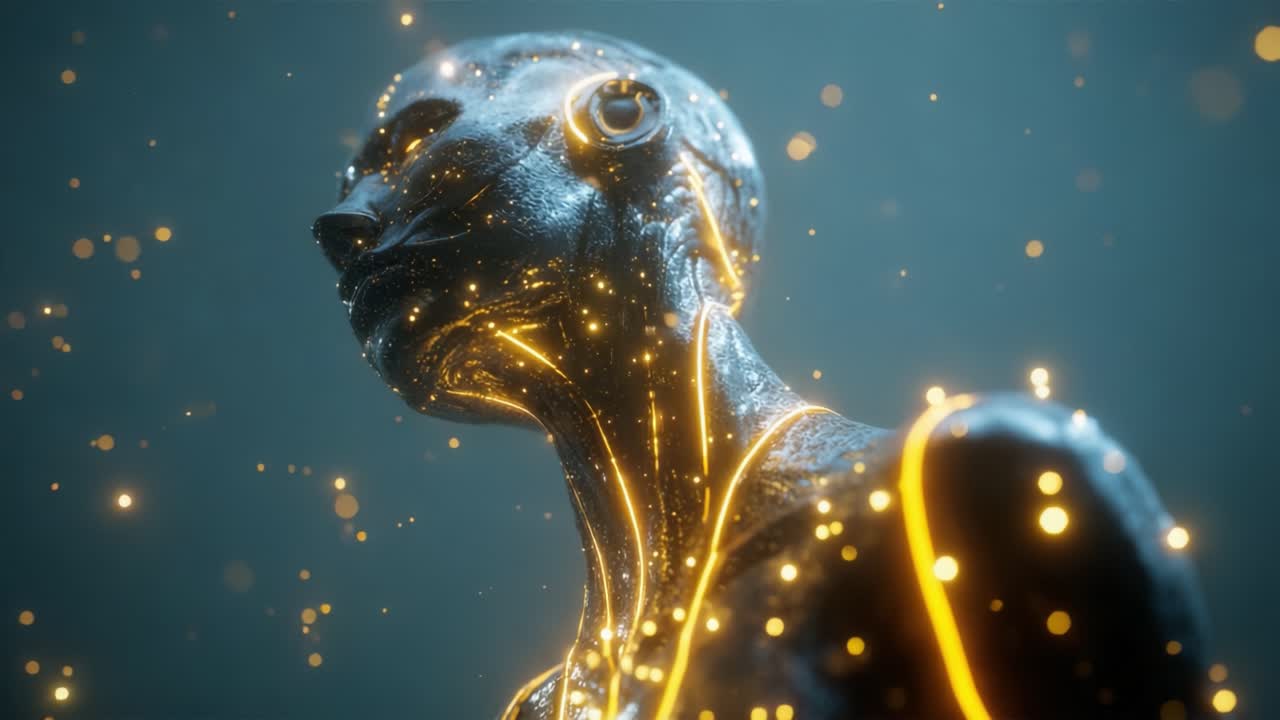 A Futuristic Robotic Figure Illuminated by Golden Sparks, Showcasing a Blend of Technology and Artistry in an Ethereal Atmosphere