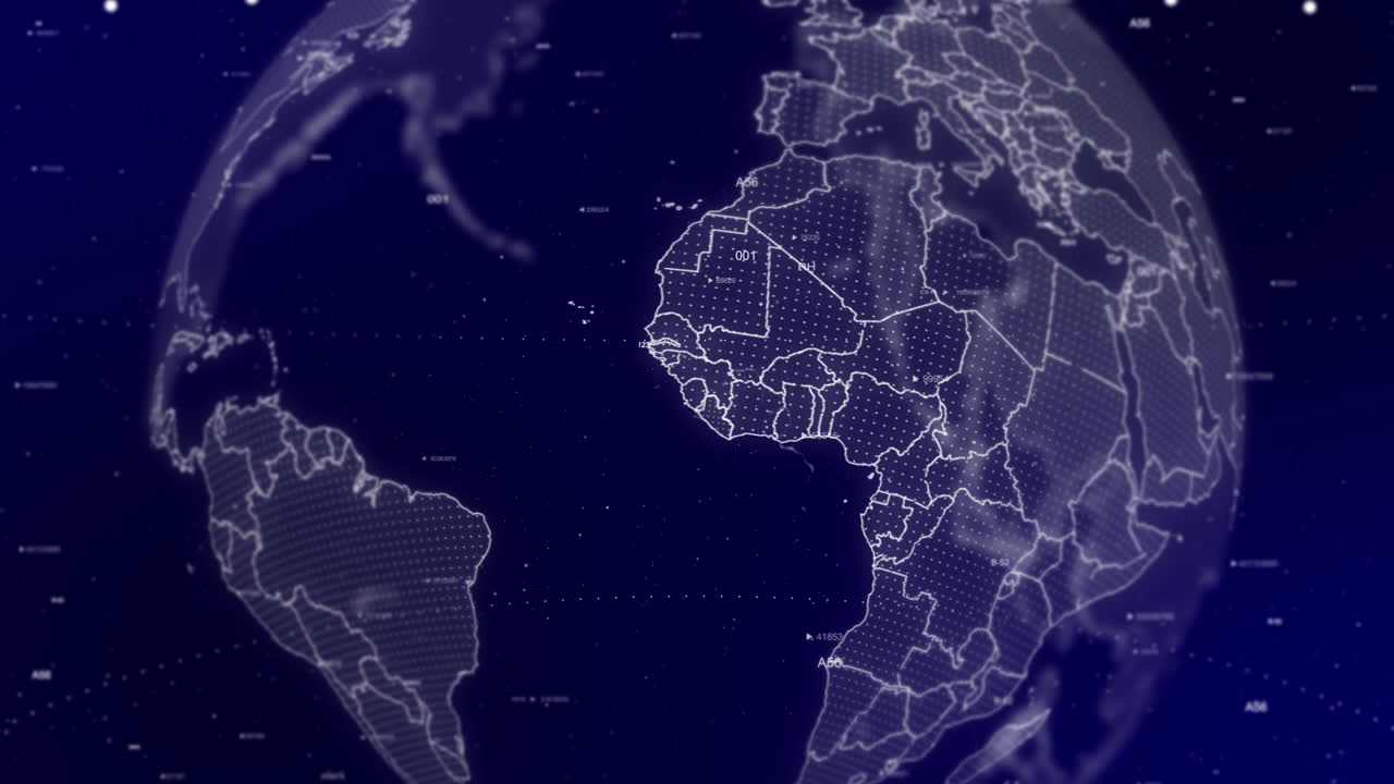 영화적 비디오 배경은 라이베리아 국가를 확대하여 회전하는 디지털 지구를 보여줍니다.