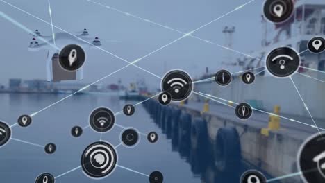 Animation-of-network-of-connections-over-drone-with-parcel-over-harbor