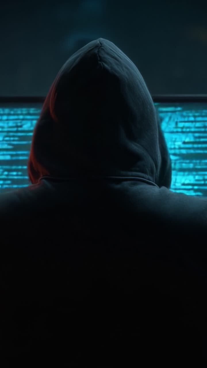 Figura Misteriosa Impegnata in Attività Cyber: Un Ambiente Oscurato con un Personaggio Incappucciato che Analizza Codice Luminoso su Schermo di Computer, Suggerendo Intrigo nel Regno Digitale