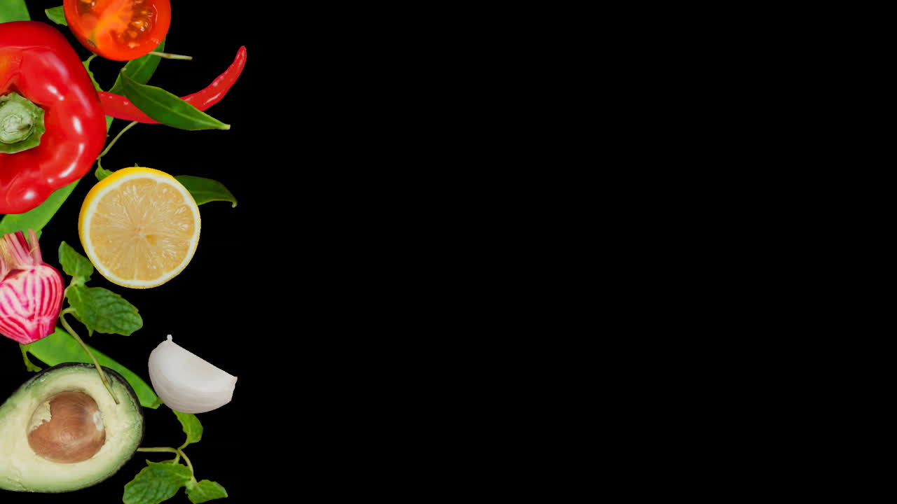 cocinar ingredientes de verduras y frutas en movimiento