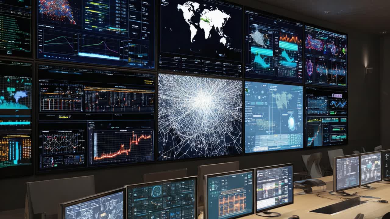 Un centro di comando high-tech che mostra molteplici visualizzazioni di dati e analisi in tempo reale su grandi schermi per il processo decisionale critico per la missione.