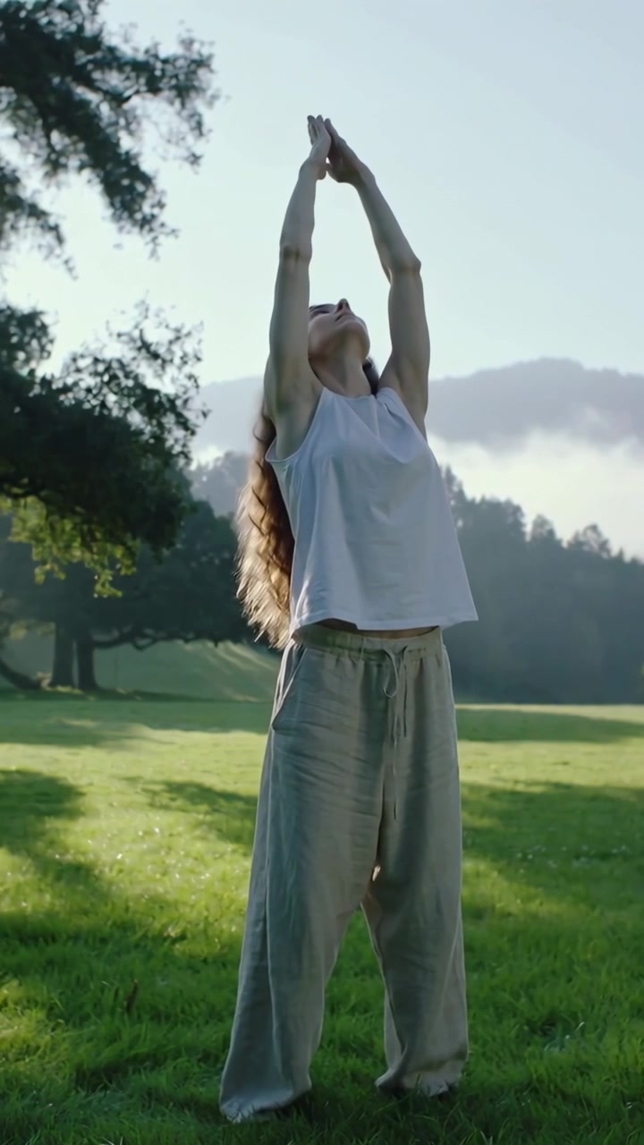 Video vertical: Mujer estirándose levantando los brazos por encima de la cabeza en un parque, con el sol en la parte superior y un árbol a la izquierda.
