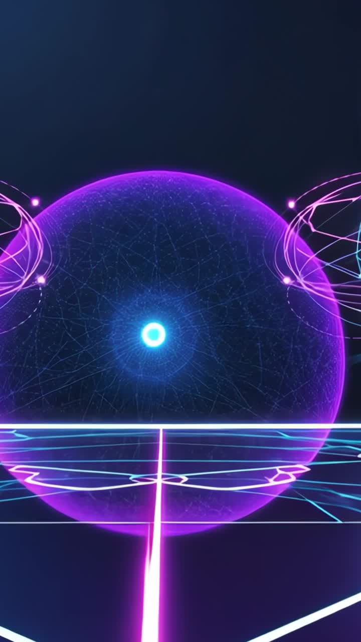 Vertical video: Spawning orb from neon beam and forming purple sphere on neon grid, orbits rotating