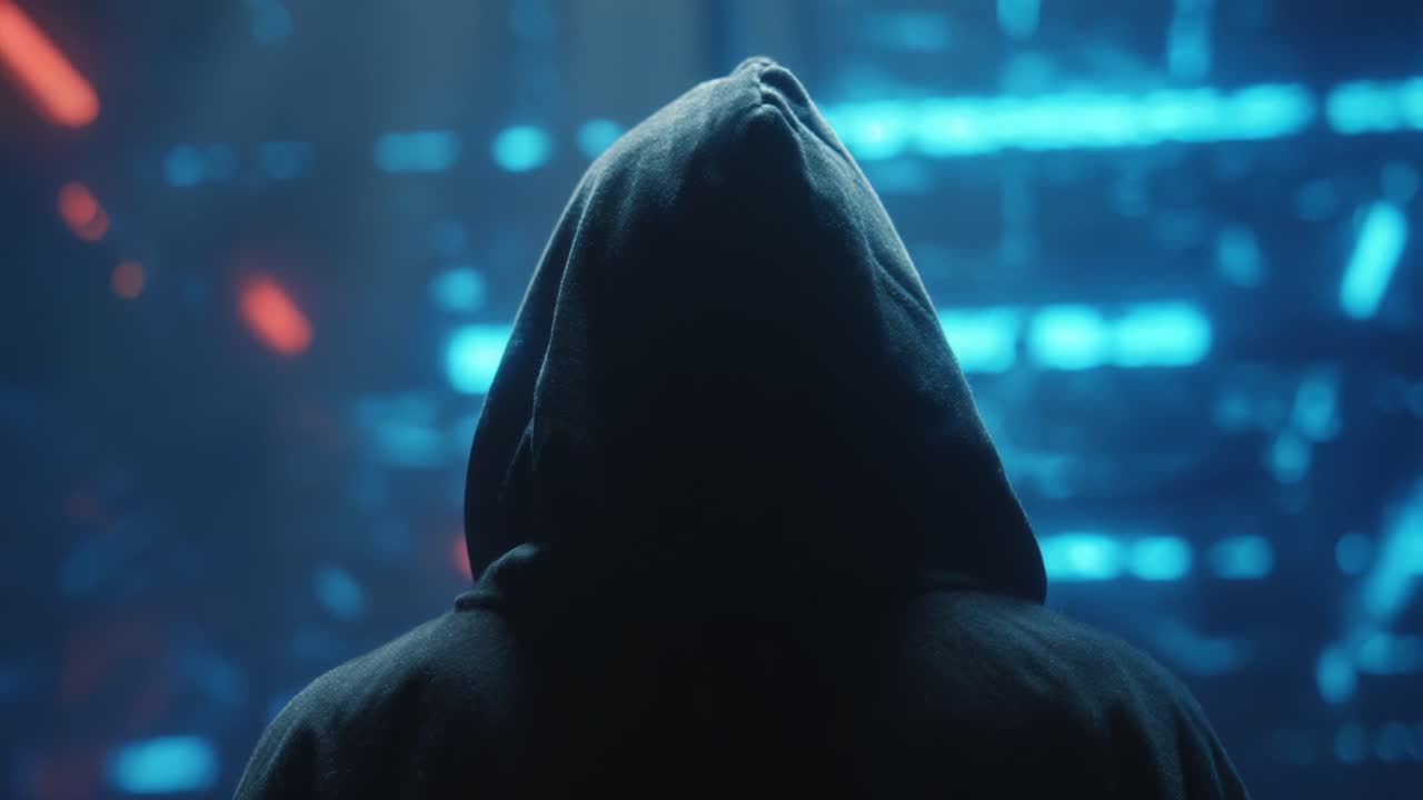 Figura misteriosa com um moletom com capuz em pé contra um cenário de luzes neon hipnotizantes e padrões digitais, evocando uma sensação de intriga e anonimato.