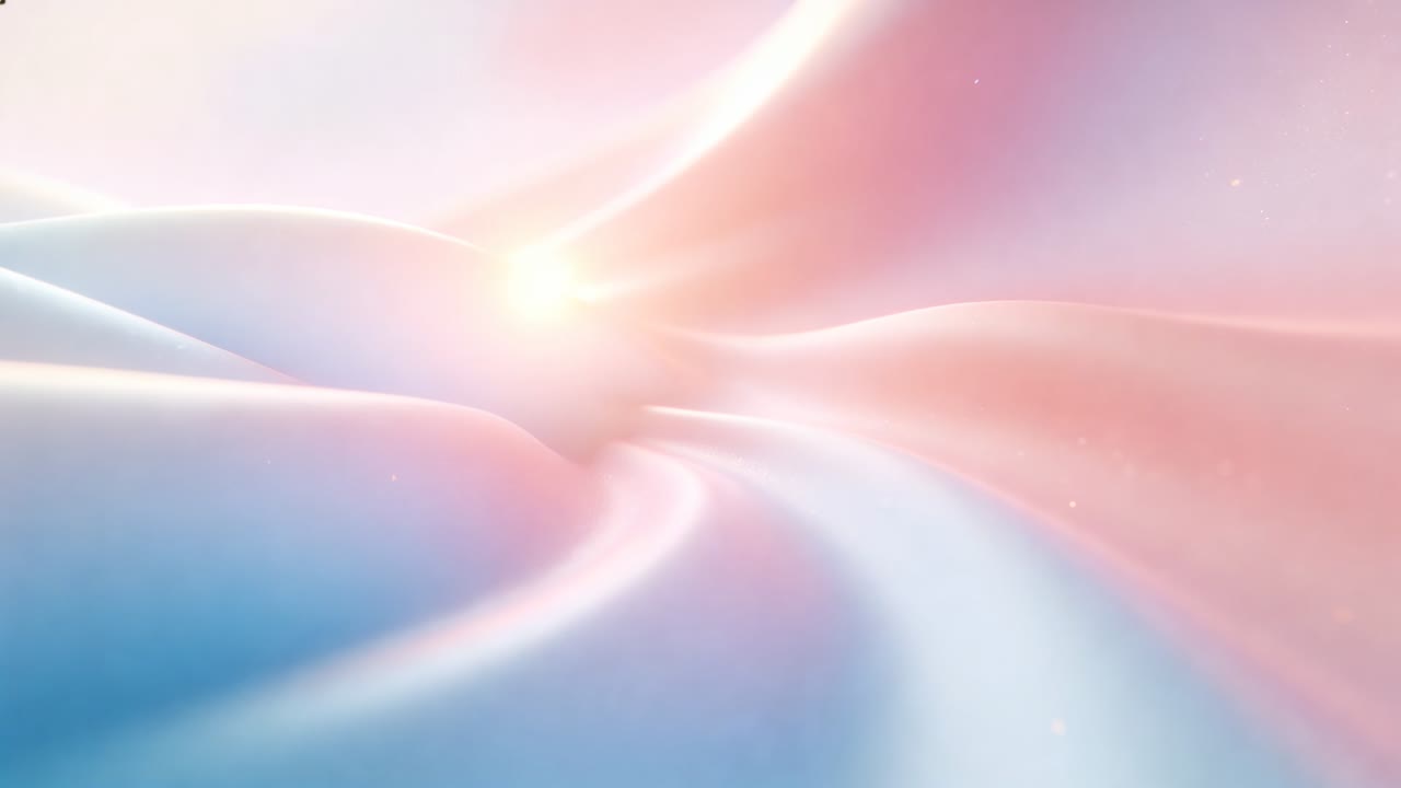 At start, shifting pastel folds advancing along channel in haze, creating corridor, drifting specks