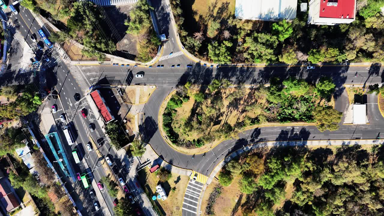 Heavy traffic at a busy intersection in southern Mexico City, captured by a drone