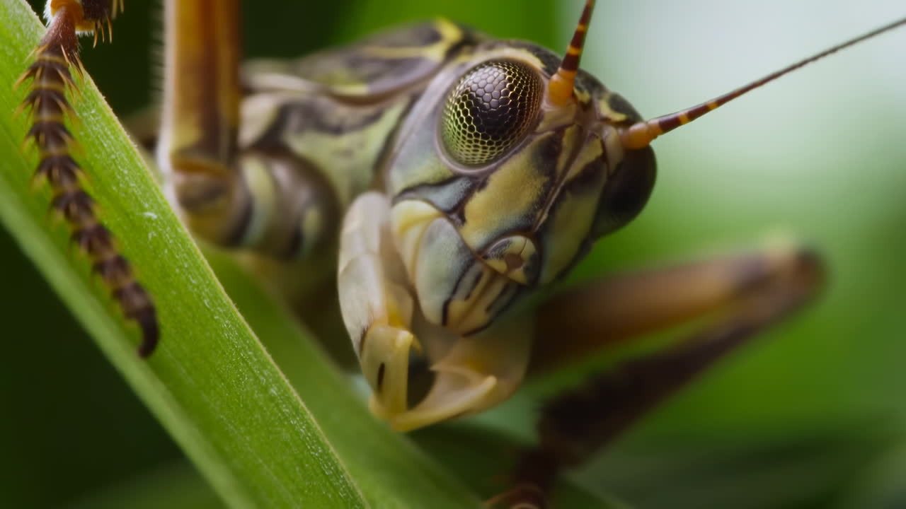 Makronærbillede af græshoppe på blad, der viser ekstreme detaljer af facetøje, tekstureret exoskelet og antenne.