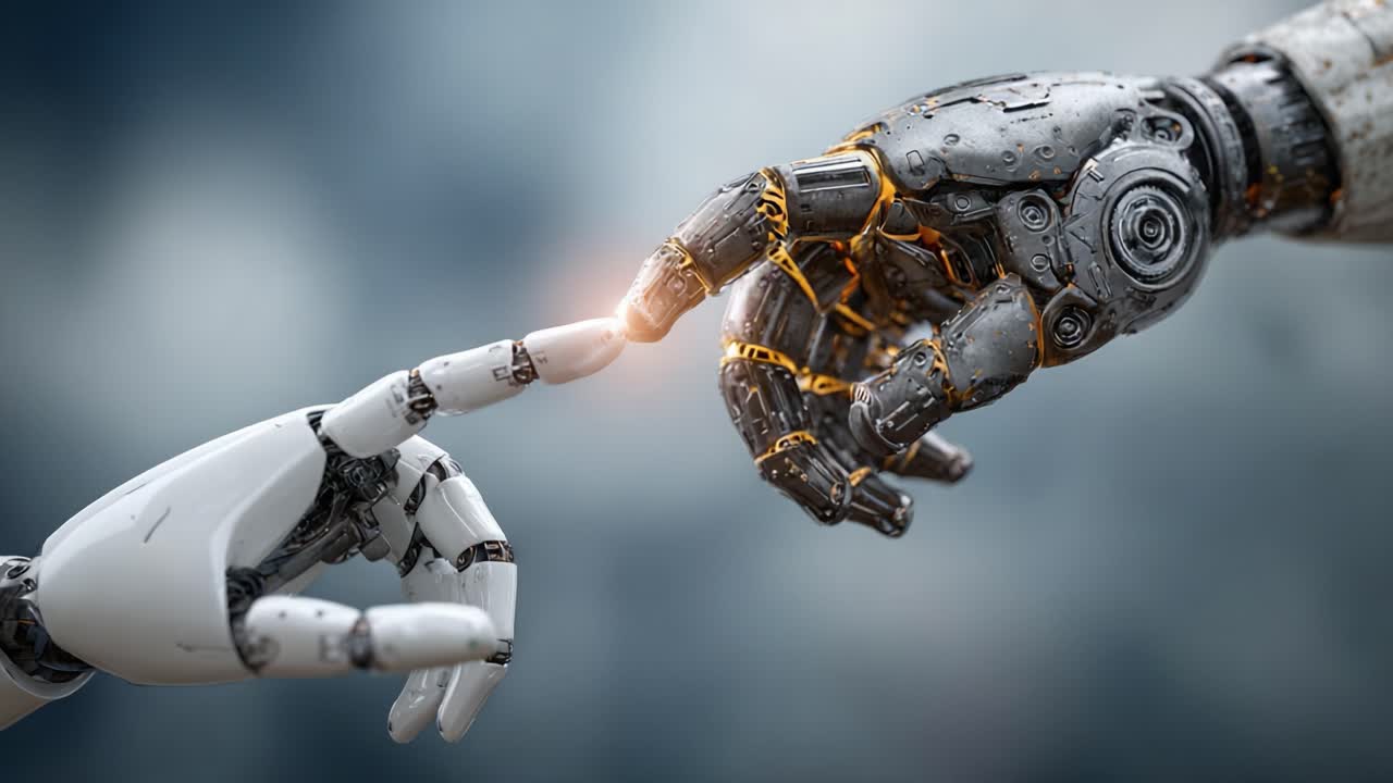 A Moment of Connection between Human-Made Robots: A Stunning Visual Showing the Intersection of Technology and Emotion as Two Robotic Hands Reach for Each Other