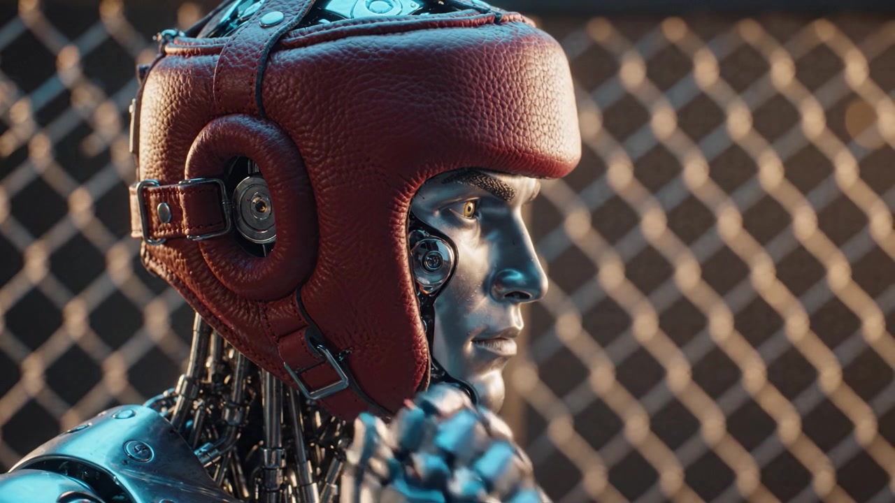 A futuristic robot equipped with a striking red helmet prepares for action, showcasing advanced design in robotics and human-like features in a captivating environment.