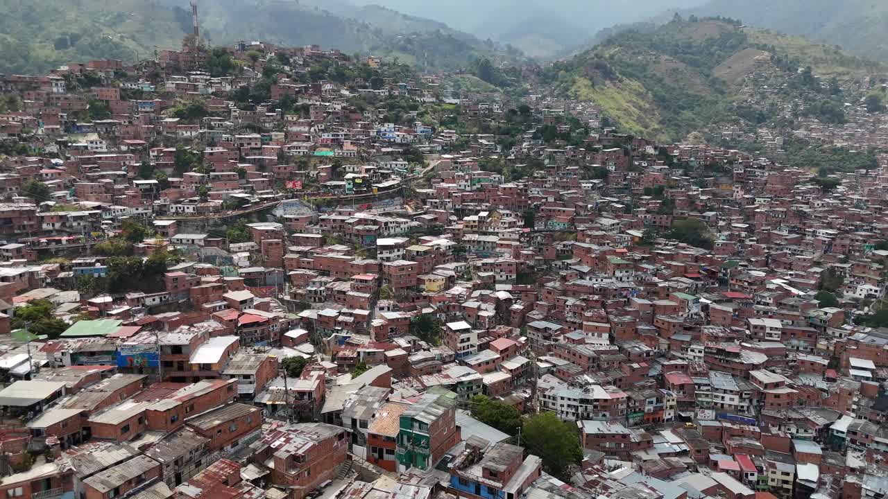 Drone aerial footage of Medellín Comuna 13 San Javier Colombia South American city
