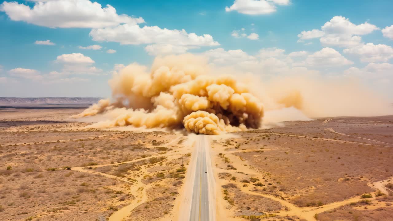 Dust storm over a road in the desert