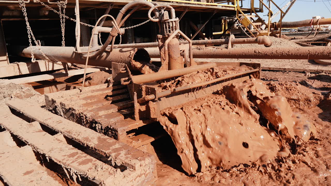 Orange colored dirty water flowing from a pipe. Location for drilling gas and oil. Close up.