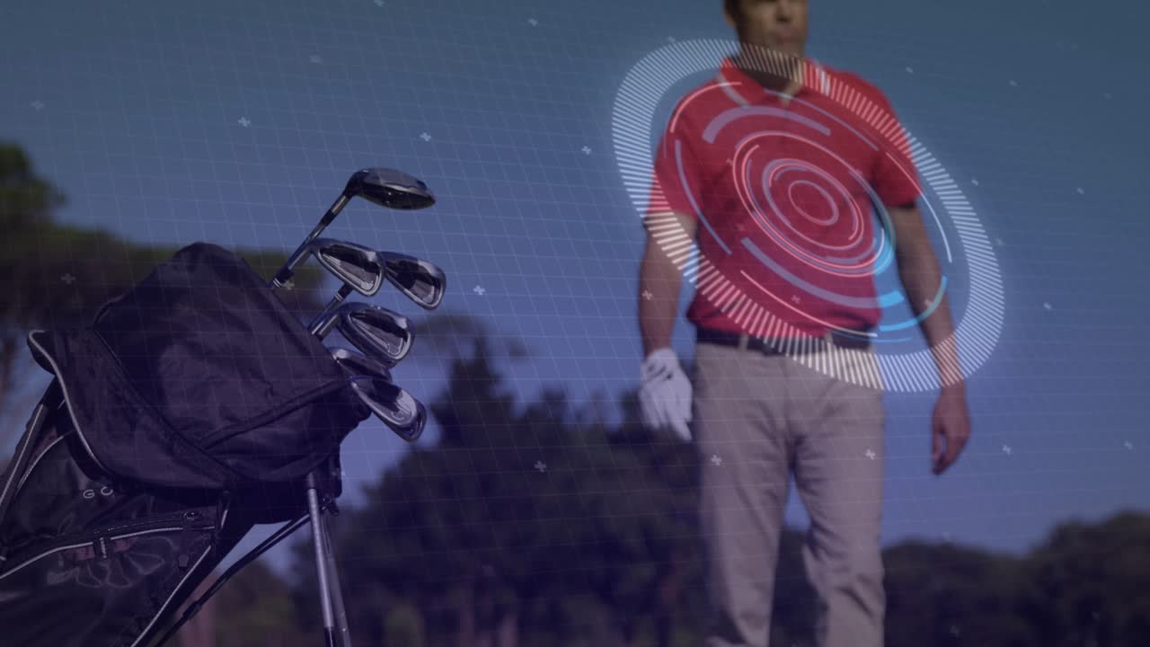 Golfer entering frame and activating golf tech HUD overlays, analyzing data and selecting club