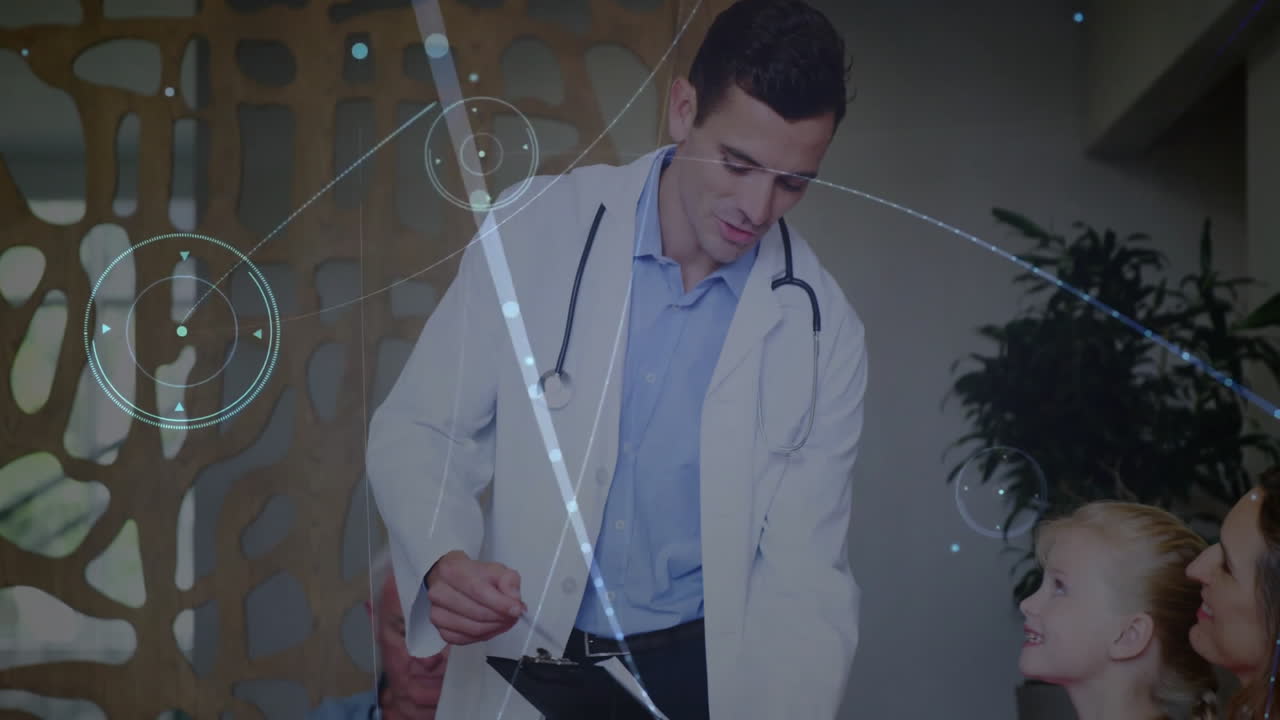 interactuar con el niño, el médico con la animación de datos médicos en el entorno escolar