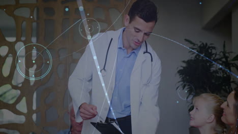 interactuar con el niño, el médico con la animación de datos médicos en el entorno escolar