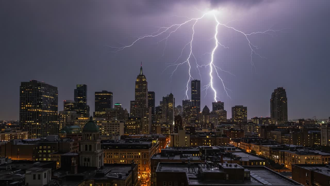 Dramatic Lightning Strike Over City Skyline at Night