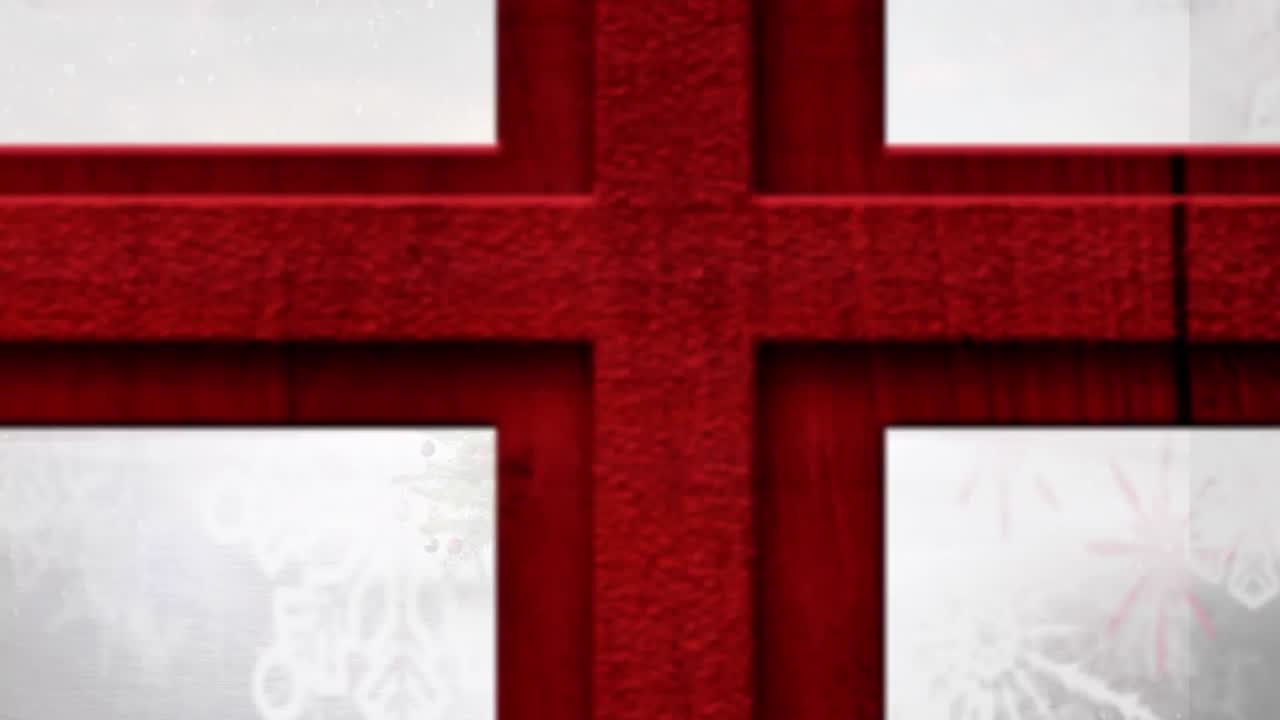 digitale animatie van een rood houten vensterframe tegen sneeuw die over de kerstboom op winterland valt