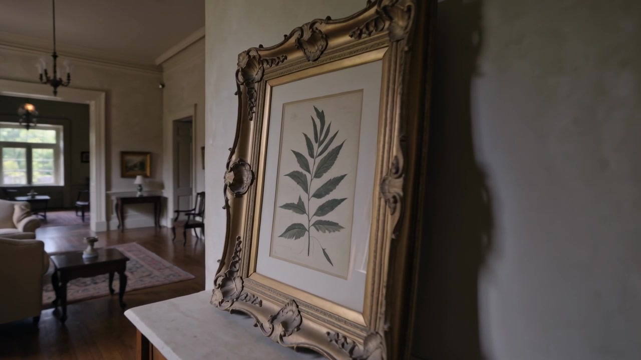Sliding camera moving right and closer in formal parlor, emphasizing ornate gold frame, copy space
