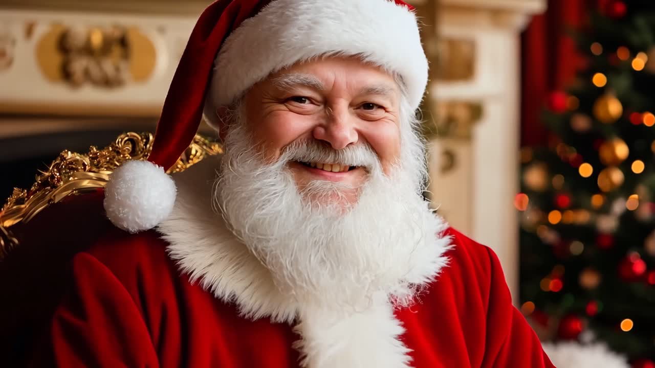 Um homem com uma fantasia de Papai Noel sentado em frente a uma árvore de Natal