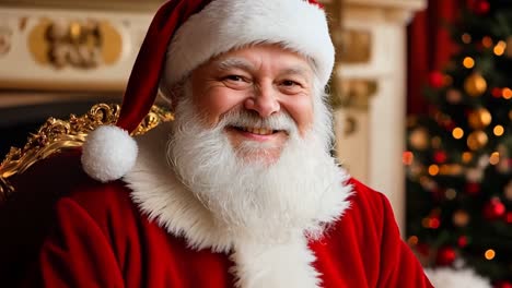 a man in a santa claus outfit sitting in front of a christmas tree