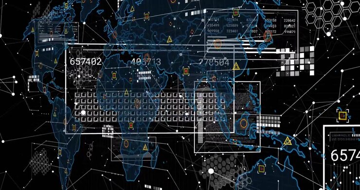 Network forming, rectangle emerging, map appearing, updating labels, icons flashing, showing data