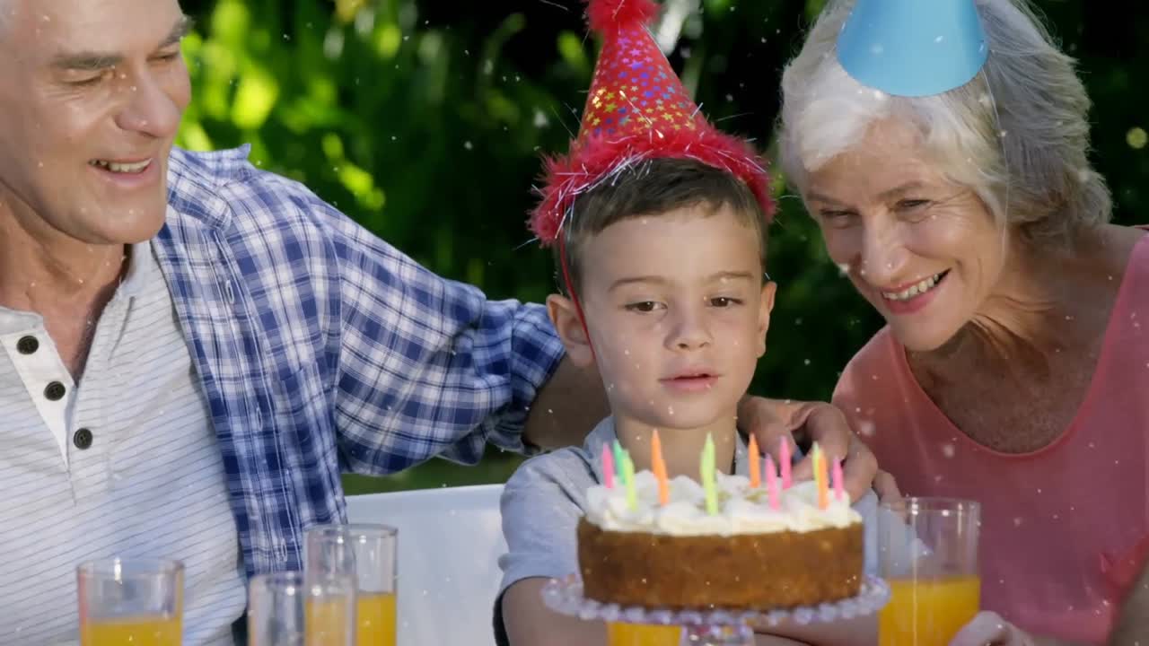 animación de formas blancas sobre la familia en la fiesta de cumpleaños