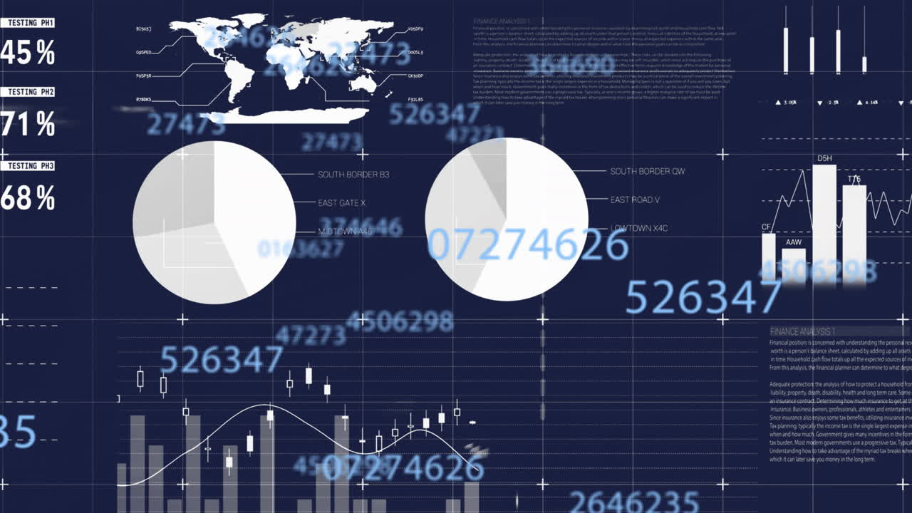 Animation of statistics and financial data processing on dark background