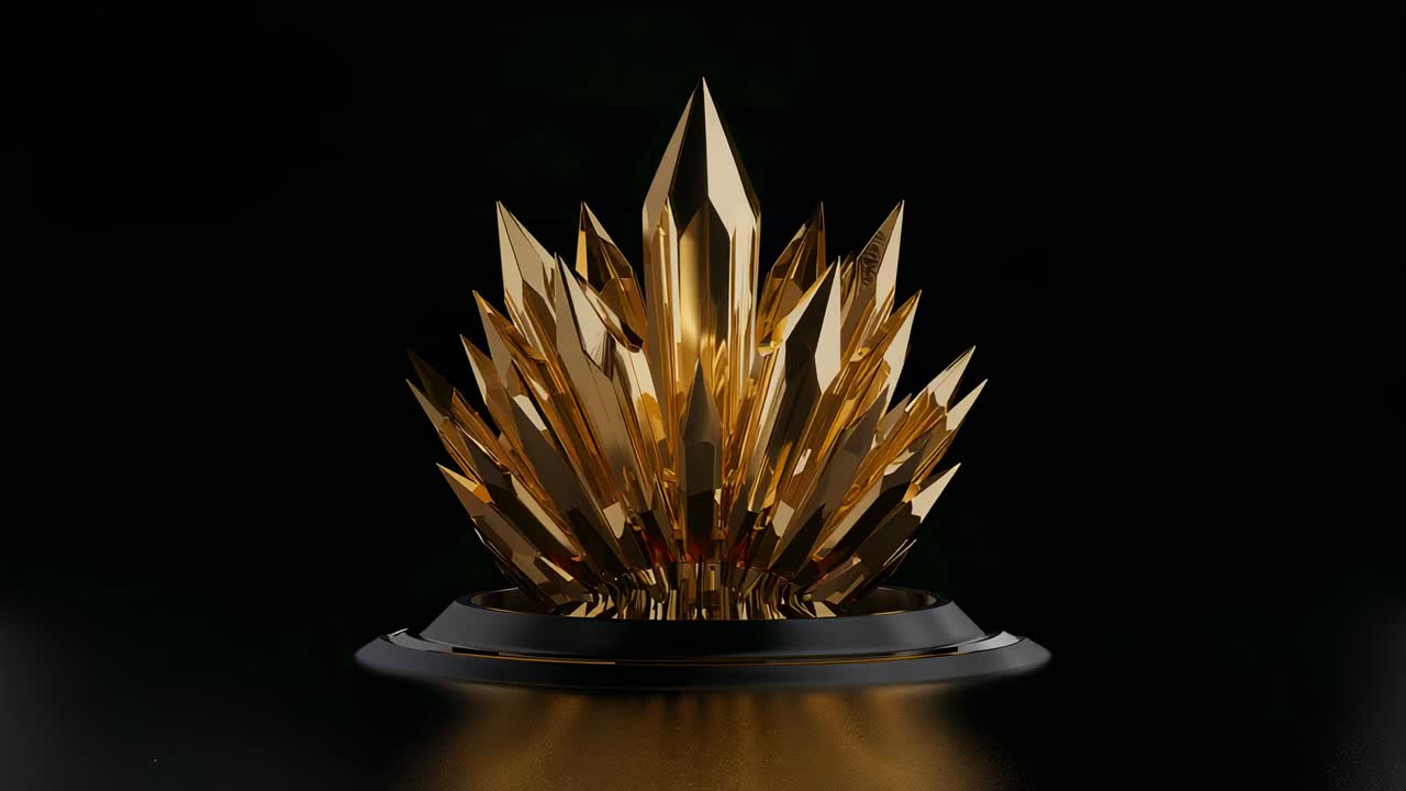 Play starting gold crystal rising spikes into crown on pedestal casting studio gleam on gloss base