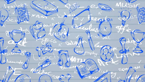 school concept texts against school concept icons on white lined paper
