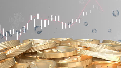 animation of financial data processing over stack of gold coins