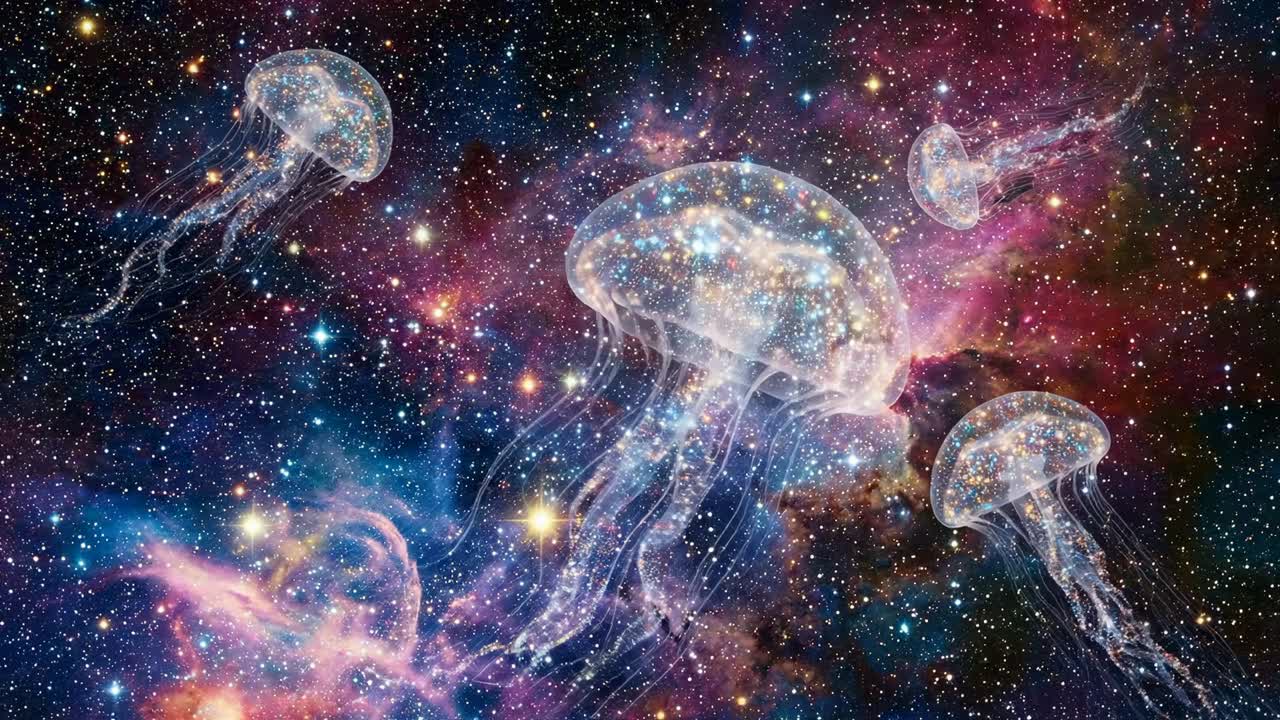Medusa eterea che brilla tra stelle e nebulose nello spazio
