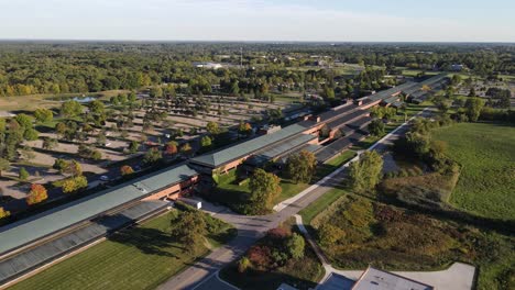 endless farm building complex in michigan, aerial drone view