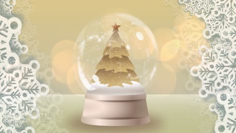 animation of falling stars over snow globe with christmas tree on bright background