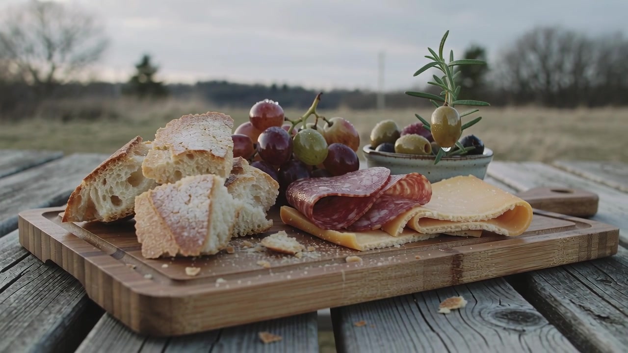 Pulling camera revealing cutting board on worn table in field, showing bread detail, salami, grapes