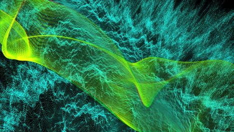 Abstract waves and particles forming dynamic patterns, digital data animation
