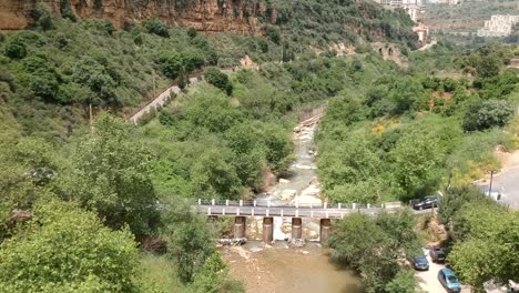 aerial shot of stunning green valley landscape, zbeideh historical bridge, lebanon