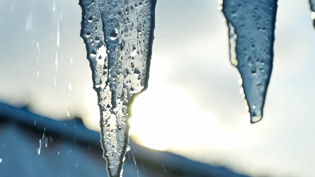 녹는 얼음은 밝은 겨울날에 빛 아래 물방울을 방출합니다.