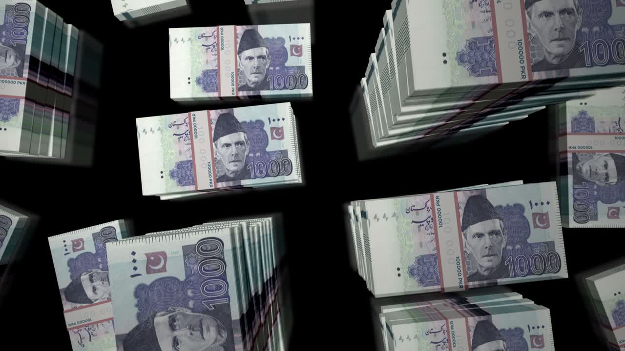 Flight over the Pakistani rupee money banknote packs loop animation