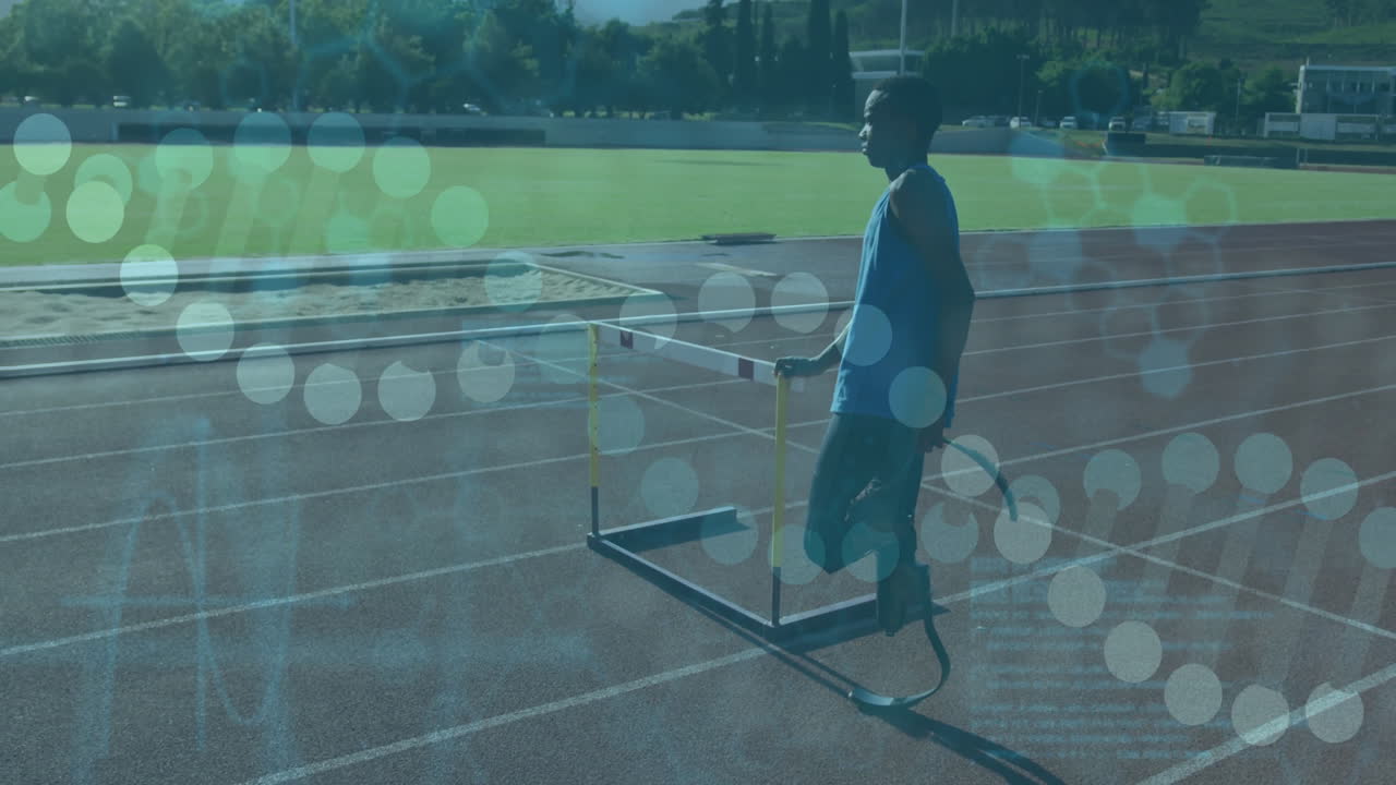 Athlete with prosthetic leg on track with data processing animation over scene